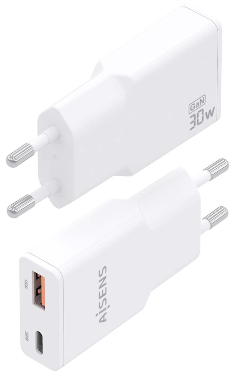 Cargador de Pared GaN Aisens ASCH-30W2P046-W/ 1xUSB Tipo-C/ 1xUSB/ 30W/ Blanco - Imagen 3