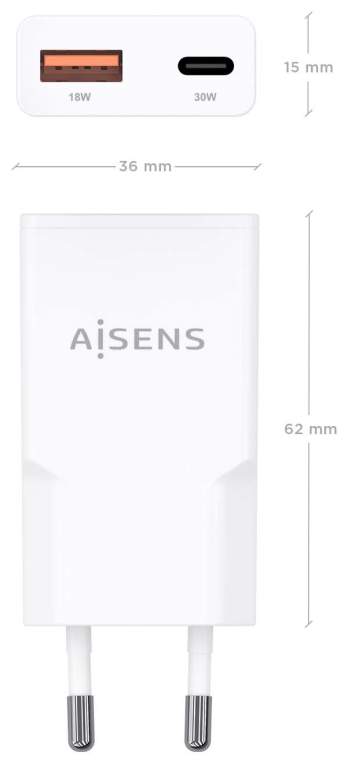 Cargador de Pared GaN Aisens ASCH-30W2P046-W/ 1xUSB Tipo-C/ 1xUSB/ 30W/ Blanco - Imagen 4