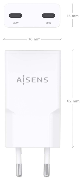 Cargador de Pared GaN Aisens ASCH-30W2P048-W/ 2xUSB Tipo-C/ 30W/ Blanco - Imagen 4