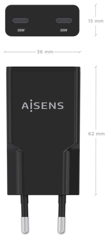 Cargador de Pared GaN Aisens ASCH-30W2P049-BK/ 2xUSB Tipo-C/ 30W/ Negro - Imagen 4