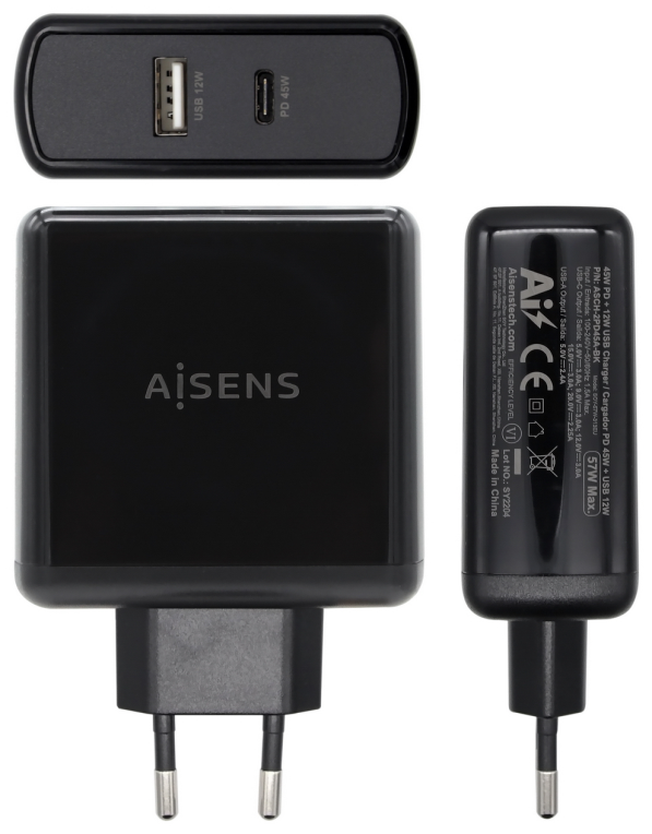 Cargador de Pared Aisens ASCH-2PD45A-BK/ 1xUSB Tipo-C/ 1x USB/ 57W - Imagen 2