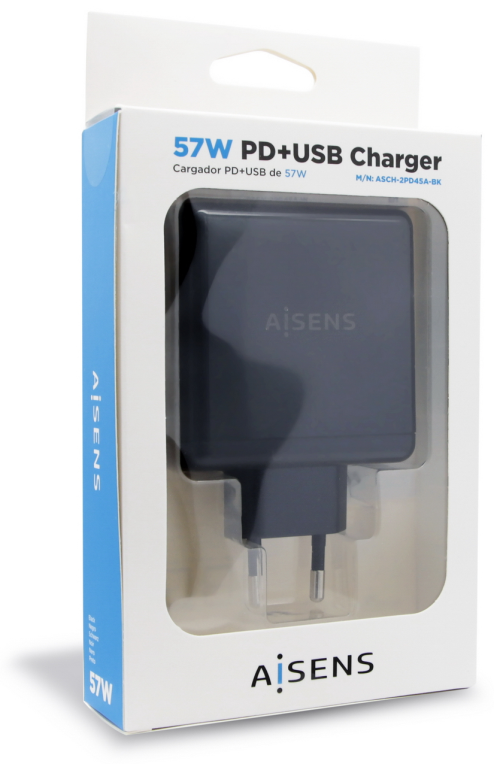 Cargador de Pared Aisens ASCH-2PD45A-BK/ 1xUSB Tipo-C/ 1x USB/ 57W - Imagen 3