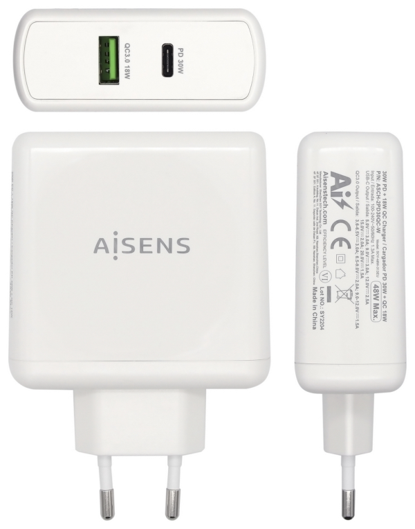Cargador de Pared Aisens ASCH-2PD30QC-W/ 1xUSB Tipo-C/ 1x USB/ 48W - Imagen 2