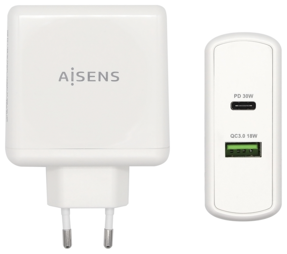 Cargador de Pared Aisens ASCH-2PD30QC-W/ 1xUSB Tipo-C/ 1x USB/ 48W