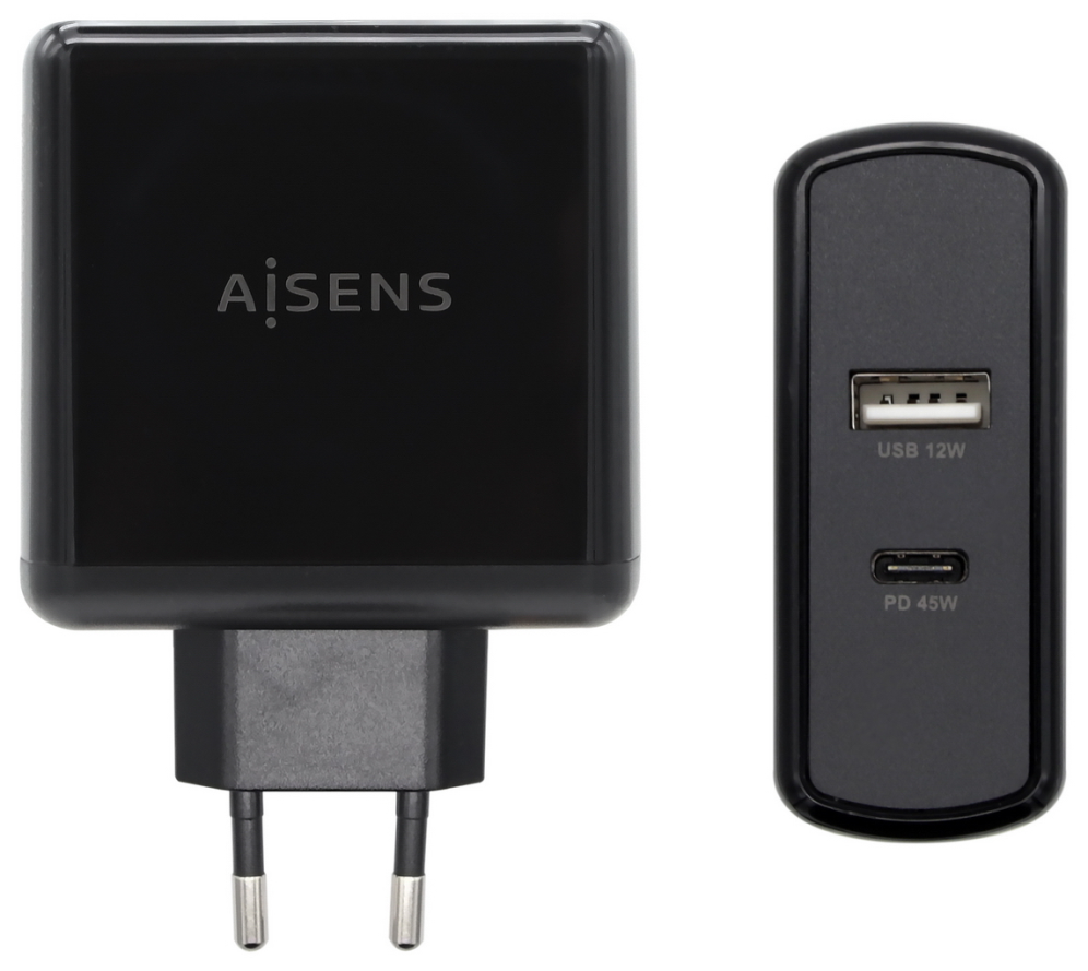 Cargador de Pared Aisens ASCH-2PD45A-BK/ 1xUSB Tipo-C/ 1x USB/ 57W