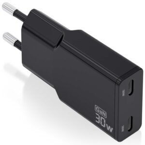 Cargador de Pared GaN Aisens ASCH-30W2P049-BK/ 2xUSB Tipo-C/ 30W/ Negro