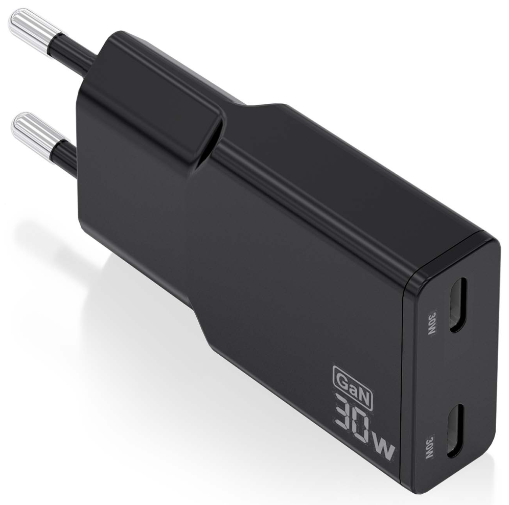 Cargador de Pared GaN Aisens ASCH-30W2P049-BK/ 2xUSB Tipo-C/ 30W/ Negro